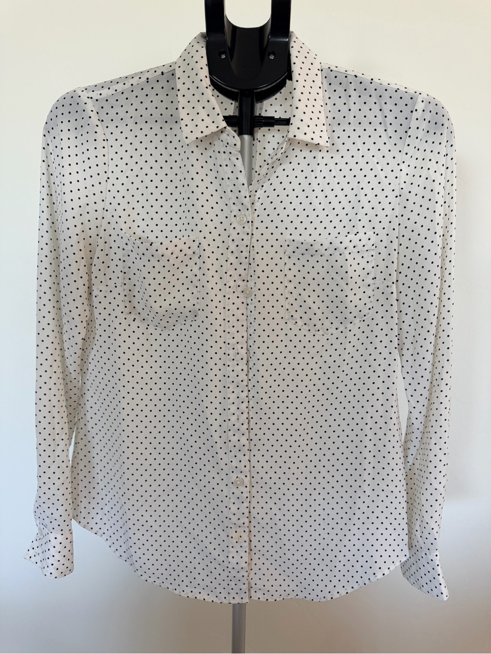 White House Black Market White Button-Down Blouse with Black Polka Dots